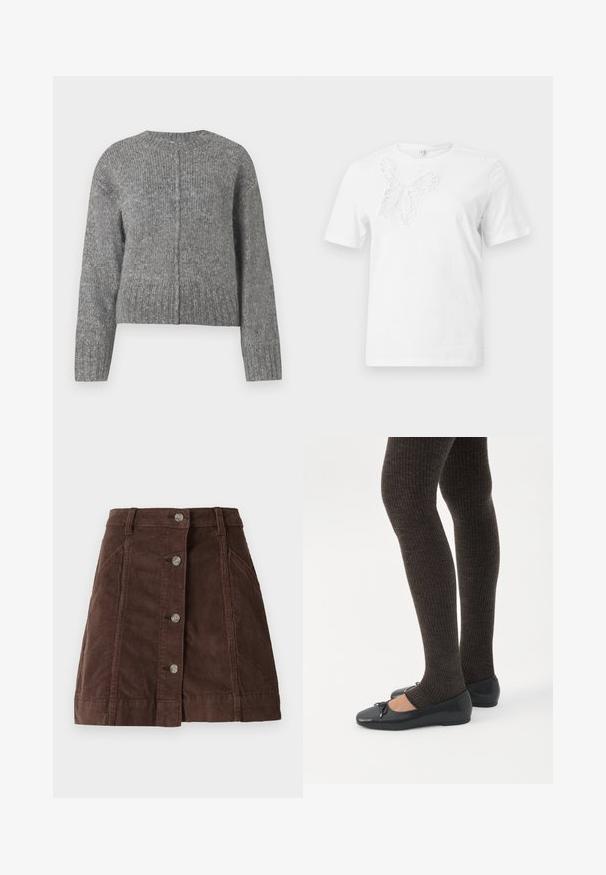 Pull en tricot gris à manches longues et col rond. Présente un design court et un côtes verticales sur l'ensemble. Pas de matériel visible.; T-shirt blanc à manches courtes avec un motif de papillon texturé, semblable à de la dentelle, sur la partie supérieure gauche de la poitrine.; Jupe A-line en velours côtelé marron avec fermeture à boutons sur le devant et poches latérales, dotée de passants de ceinture et de détails de coutures verticales.; Jambes portant des leggings côtelés foncés associés à des ballerines noires avec de petits détails en nœud sur fond blanc.