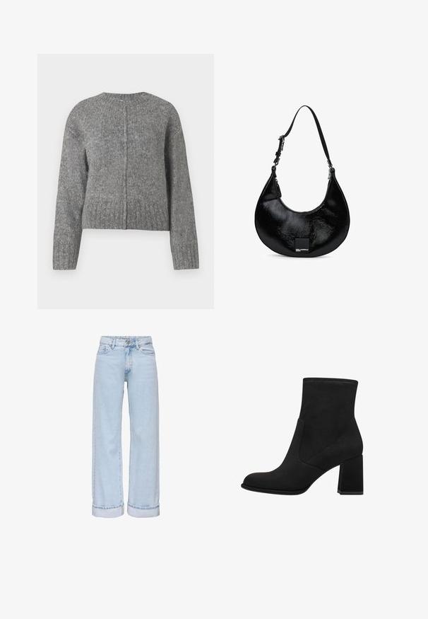 Grå strikket sweater med lange ærmer og rund halsudskæring. Har et cropped design og lodret ribbet struktur. Ingen synlig hardware.; Lyseblå højttaljede vidde-bukser i jeansstof med opsmøgede kanter, frontknap, lynlås og fem-lomme-design.; Sorte ankelstøvler med blokhæl, lavet af blødt suede. Har en rund tå og glatte sidestykker med syningsdetaljer.; Sort blank patenteret læder skuldertaske i halvmåneform med justerbar rem og Karl Lagerfeld Jeans logo-patch på forsiden.
