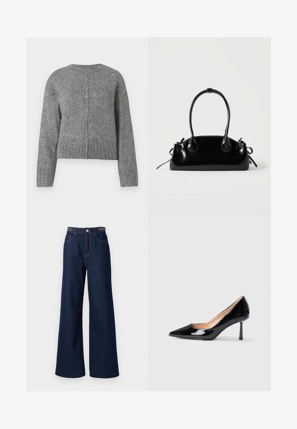 Suéter gris de punto con mangas largas y cuello redondo. Presenta un diseño corto y canalé vertical en toda la prenda. Sin hardware visible.; Los pantalones vaqueros de pierna ancha de denim azul oscuro cuentan con una cintura alta, acentos de cadena dorada en la pretina y detalles de costura en contraste a lo largo de la prenda.; Zapato de charol negro de punta con tacón stiletto delgado y de altura media sobre fondo blanco.; Pequeño bolso negro brillante con dos asas largas y detalles de cordón lateral sobre un fondo claro liso.