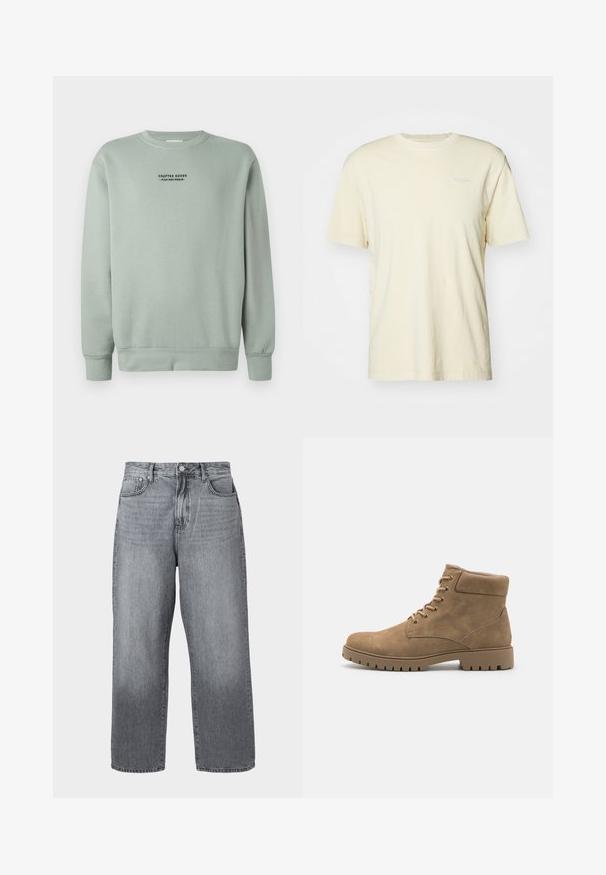 Lys salviegrøn crewneck sweatshirt med lange ærmer og sort tekst "Crafted Goods - Pier One Denim" centreret på brystet.; Kortærmet cremet t-shirt lavet af blødt bomuld, med rund halsudskæring og et lille logo trykt i en lys farve på brystet.; Grå denim bred-benede jeans med høj talje, fem-lomme design og metal lukning. Stof viser let falmning nær kanten.; Tan ruskinds ankelstøvler med rundt tå, polstret krave, seks par snøreringe og en tyk gummisål med skridsikre detaljer.