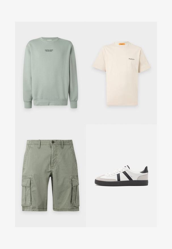 Lys salviegrøn crewneck sweatshirt med lange ærmer og sort tekst "Crafted Goods - Pier One Denim" centreret på brystet.; Replay Inc. ESSENTIAL LOGO UNISEX - T-shirts basic - ivory; Grønne cargo shorts lavet af bomuldsblanding, der har to sidelommer, knaplukning og lige snit.; Hvide sneakers med sorte og grå detaljer, med en tekstureret grå tåhætte, sort gummisål og flade hvide snørebånd. Rent design, minimalistisk stil.