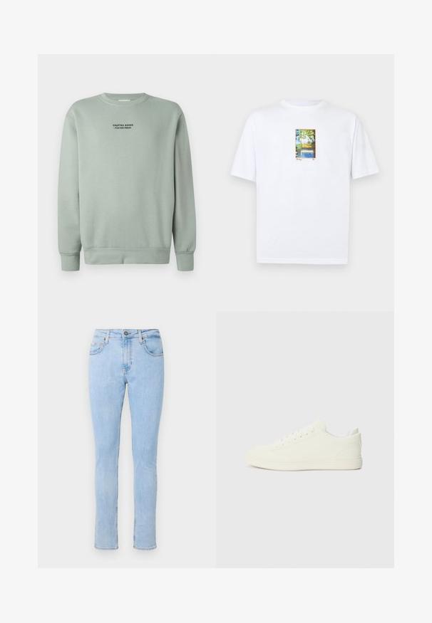 Licht salie groene crewneck sweatshirt met lange mouwen en zwarte tekst "Crafted Goods - Pier One Denim" gecentreerd op de borst.; Wit T-shirt met een kleine kleurrijke rechthoekige afbeelding van bomen, een rivier en een brug in het midden van de borst.; Lichtblauwe denim jeans met een slim fit ontwerp, vijf zakken, sluiting met een knoop aan de voorkant en subtiele vervaging. Slanke snit met rechte pijpen.; Witte sneakers met een gladde, textuurachtige bovenkant, ronde neus en traditionele vetersluiting, met een minimalistisch ontwerp en rubberen zool.
