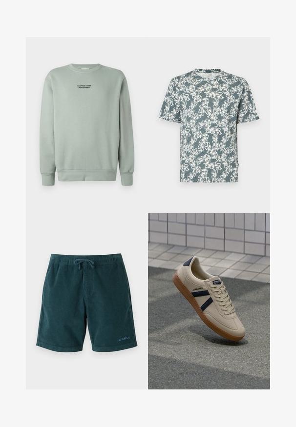 Sudadera de cuello redondo en verde salvia claro con mangas largas y texto en negro "Crafted Goods - Pier One Denim" centrado en el pecho.; Camiseta de manga corta en color azul verdoso, con un patrón floral blanco. Está hecha de una tela ligera y con un ajuste relajado.; Bañador de pana en color verde azulado oscuro con cintura elástica y cordón. Presenta un logo en la parte inferior de la pierna derecha. Textura suave, diseño hasta la rodilla.; Zapatilla beige con acabado texturizado, rayas azul marino y suela de goma. Presenta una lengüeta acolchada y un sistema de cordones tradicional para un ajuste seguro.