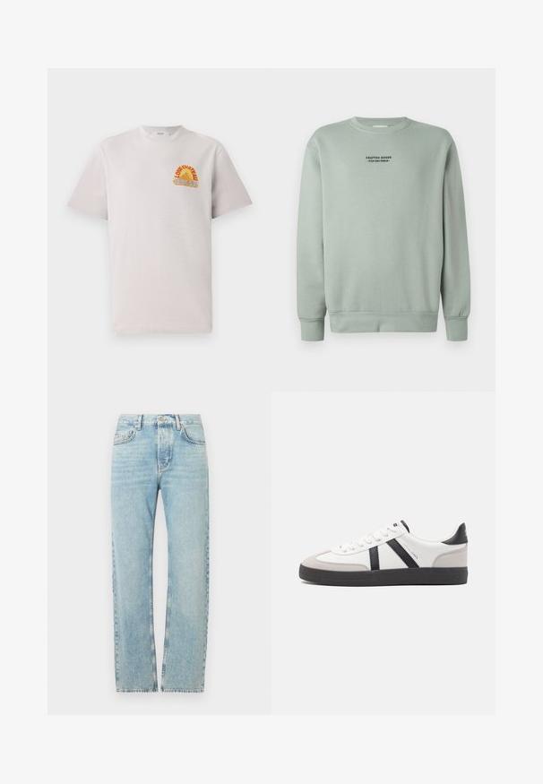 Helle Salbeigrüne Crewneck-Sweatshirt mit langen Ärmeln und schwarzem Text "Crafted Goods - Pier One Denim", der auf der Brust zentriert ist.; Hellgraues Baumwoll-T-Shirt mit Rundhalsausschnitt, das ein farbenfrohes "Lone Château Replay"-Grafikdesign in Orange und Blau auf der Brust zeigt.; Hellblaue Jeans aus Denim mit geradem Bein, ausgestattet mit einem klassischen Bund, fünf Taschen und dezenten Verwaschungen im Stoff.; Weiße Sneaker mit schwarz- und grau-aczenten, ausgestattet mit einer strukturierten grauen Zehenkappe, schwarzer Gummi-Sohle und flachen weißen Schnürsenkeln. Sauberes Design, minimalistische Stil.