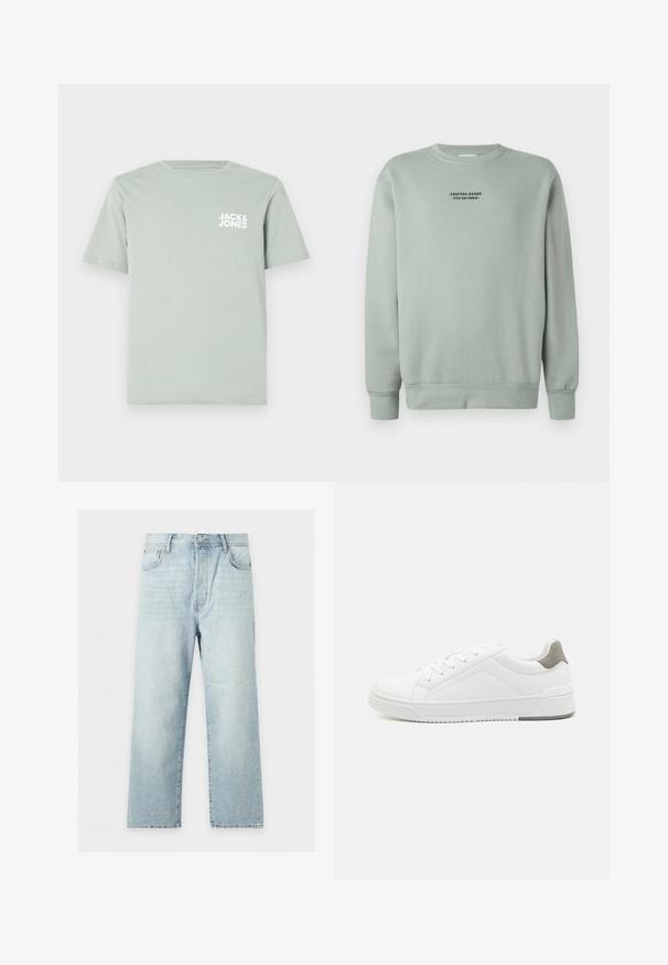 Kerge salvei rohelise värvi ümarkaelusega sviiter, millel on pikad varrukad ja must tekst "Crafted Goods - Pier One Denim", mis on paigutatud rindkere keskossa.; Hele roheline puuvillane T-särk ümmarguse kaelusega ja lühikeste varrukatega. Vasakul rinnal on valge logo "JACK & JONES".; Helesinised laia säärega teksapüksid viie taskuga, nööbi ja lukuga kinnis ning kergelt pleekinud välimusega, asetatud lamedalt valgele taustale.; Valge tenniseking sileda nahaga, ümar varvas, minimalistlik disain, hall kand, ja tekstureeritud kummist tald.