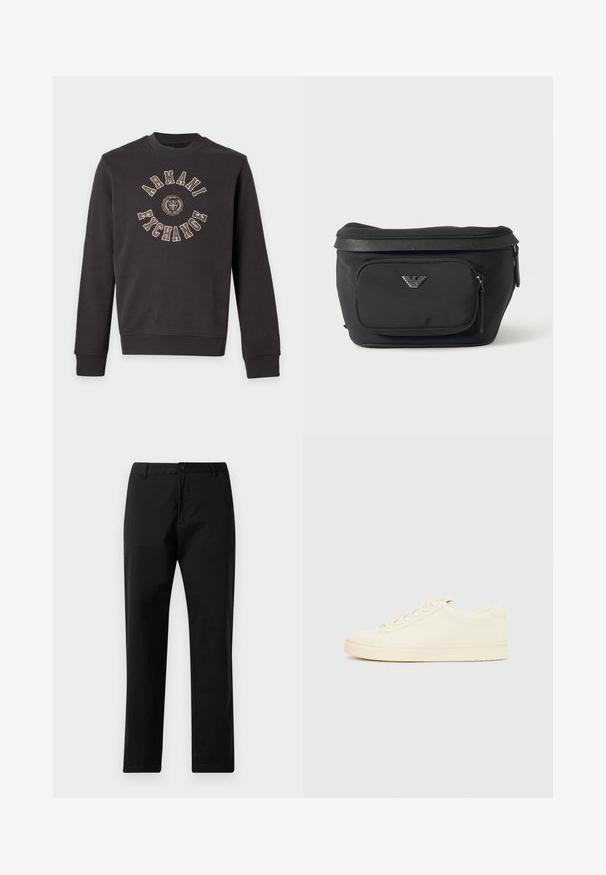 Sudadera negra de manga larga con texto beige ""Armani Exchange"" alrededor de un emblema circular en el pecho.; Pantalones rectos negros con cierre de botón y cremallera, pasadores para cinturón y bolsillos delanteros, exhibidos sobre un fondo blanco.; Zapatilla de color crema con parte superior de cuero liso, puntera redondeada, cierre de cordones y suela de goma texturizada. Diseño minimalista, sin logotipos.; Riñonera negra con bolsillo frontal con cremallera y logo de águila plateado, tela lisa con ribete texturizado y tiradores de cremallera.