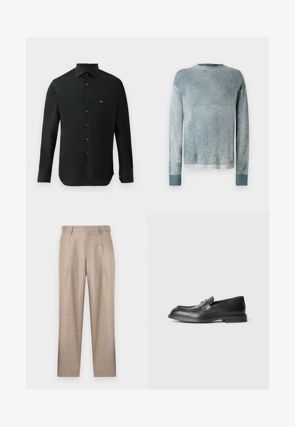 Trui van zacht, gemengd blauw-grijs stof met lange mouwen, geribbelde manchetten en een ronde hals. Bevat een licht vervaagde textuur.; Zwarte longsleeve shirt van gladde stof, met een puntige kraag, knoopsluiting en een klein wit logo op de linkerkant van de borst.; Beige, op maat gemaakte broek met voorplooien, riemlussen en een rechte pijp, afgebeeld tegen een witte achtergrond.; Zwarte leren loafers met een gestructureerde afwerking, voorzien van een decoratieve voorstrik en een afgeronde neus. Rubberzool voor duurzaamheid.