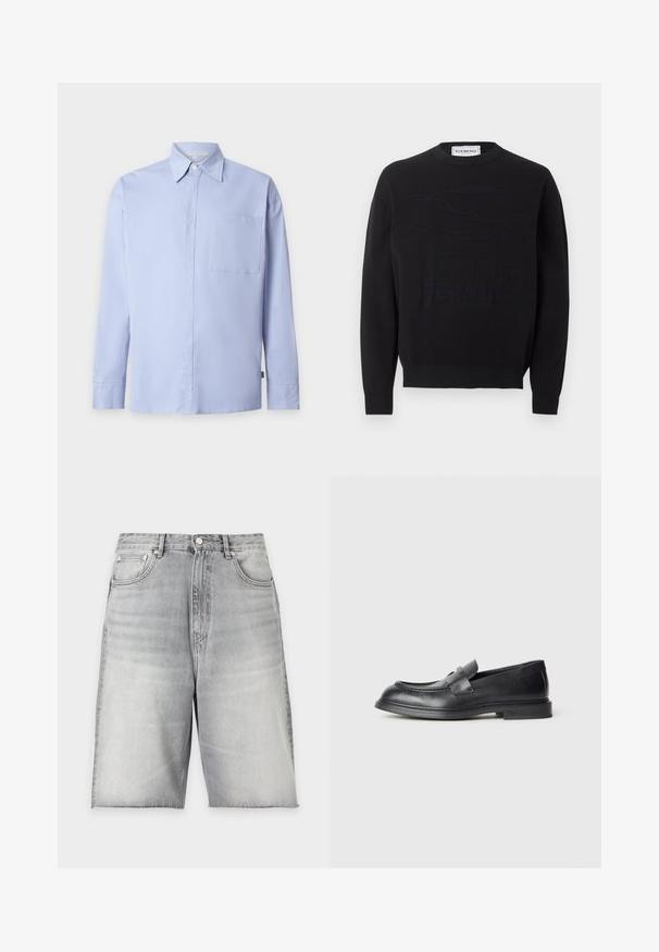 Pull noir à col rond avec nuages brodés en relief et texte "PEANUTS" sur le devant, bords-côtes aux poignets et à l'ourlet, étiquette de la marque ICEBERG à l'intérieur du col.; Chemise bleu clair à manches longues avec boutons, col pointu et une poche poitrine unique sur fond blanc uni.; Short en denim gris clair avec fermeture par bouton, poches avant, passants pour ceinture et ourlets bruts.; Mocassins en cuir noir avec une finition texturée, dotés d'une bride décorative à l'avant et d'un bout arrondi. Semelle en caoutchouc pour plus de durabilité.