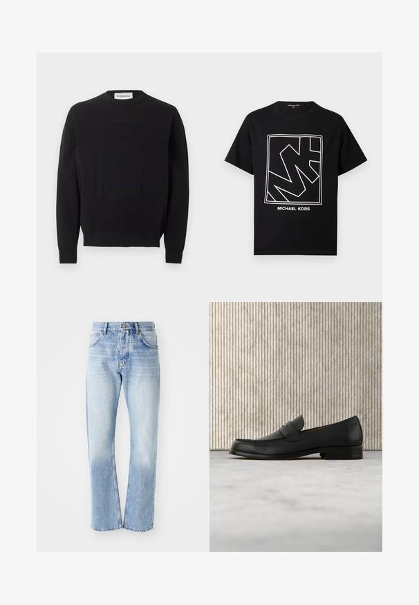 Schwarzer Pullover mit Rundhalsausschnitt, erhabenen, bestickten Wolken und "PEANUTS"-Schriftzug auf der Vorderseite, gerippte Bündchen und Saum, ICEBERG Markenetikett im Krageninneren.; Schwarzes T-Shirt aus Baumwolle mit einem geometrischen weißen Logo und dem Markennamen "MICHAEL KORS", der darunter in einem rechteckigen Rahmen gedruckt ist.; Helle blaue Jeans mit geradem Schnitt. Verfügt über ein Fünf-Taschen-Design, einen Knopfverschluss und eine ausgewaschene Textur zum unteren Bereich hin.; Schwarzer Leder-Slipper schwebt über einem beigen Teppich, im Hintergrund ein glänzender, runder brauner Tisch.