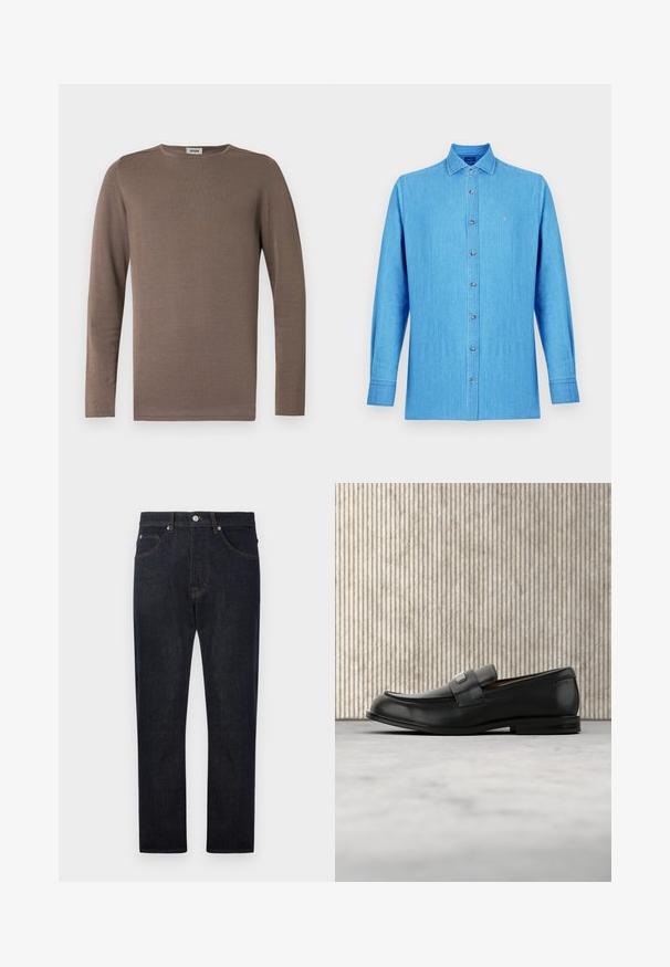 Bruine lange mouwen shirt gemaakt van zachte stof, met een ronde halslijn en een geribbelde textuur. Eenvoudig, klassiek ontwerp zonder versieringen.; Lichtblauw overhemd met knopen, gemaakt van denim stof. Heeft een klassieke kraag, lange mouwen en een klein geborduurd logo op de borst.; Donkerblauwe denim jeans met een recht model, voorzien van vijf zakken, contrasterende oranje stiksels en een knoopsluiting bij de taille.; Zwarte leren loafer met een metalen merktekenplaatje, rustend bij een bruine ronde tafel op een beige tapijtvloer.