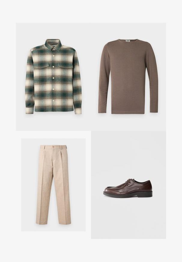 Brun langærmet skjorte lavet af blødt stof, med rund halsudskæring og ribbet tekstur. Enkel, klassisk design uden pynt.; Rutig skjorte i nuancer af grøn, beige og brun. Fremstillet af tekstureret stof med knaplukning foran og to brystlommer.; Beige bukser med lige ben, plisseringer, knaplukning, bæltestropper og en skræddersyet pasform.; Brune lædersko med rund tå, minimal syning og en solid sort sål. Har snørelukning og en glat overflade.