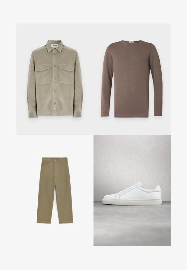 Chemise marron à manches longues en tissu doux, avec un col rond et une texture côtelée. Design simple et classique sans ornements.; Chemise en velours côtelé vert olive à manches longues, boutonnée à l'avant, avec deux poches poitrine. Texture douce avec un col classique.; Pantalon kaki à jambes droites avec fermeture avant boutonnée et à glissière, passants pour ceinture et poches avant, présenté sur un fond blanc.; Sneaker blanche avec une tige en cuir lisse et un profil bas. Présente un bout arrondi, six œillets et une semelle en caoutchouc texturé.