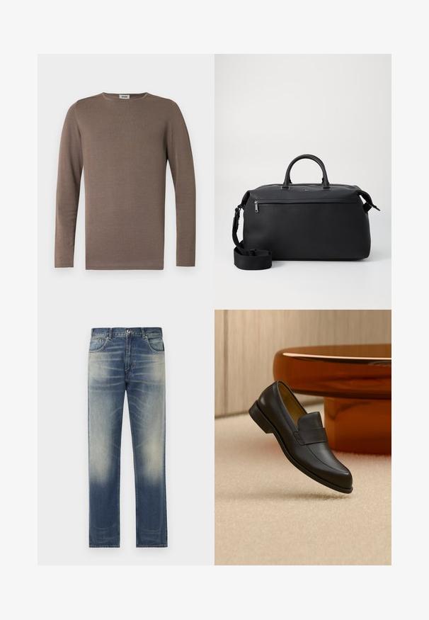 Brun langærmet skjorte lavet af blødt stof, med rund halsudskæring og ribbet tekstur. Enkel, klassisk design uden pynt.; Blå denim jeans med lige snit, der har en subtil forvitring og slidte detaljer foran, fem-lomme design og bæltestropper.; Sort læder loafers med lav hæl svævende over beige tæppe ved rundt brunt bord.; Sort læder duffel taske med to top hanke, en aftagelig skulderrem og en lynlåslomme foran til ekstra opbevaring.