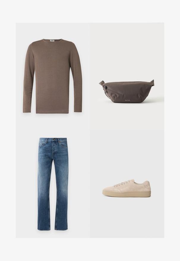 Brun langærmet skjorte lavet af blødt stof, med rund halsudskæring og ribbet tekstur. Enkel, klassisk design uden pynt.; Blå denim jeans med lige ben design, falmede vask, fem lommer og kontrastsyning. Knap- og lynlås-lukning i taljen.; Beige ruskinds sneaker med en rund tå, flade snørebånd og en tekstureret gummisål. Minimalistisk design med glatte kanter og diskret syning.; Mørkebrun stof talje taske med diagonalt lynlåslomme og lille hvidt logo på fronten, sat mod en ensfarvet lys baggrund.
