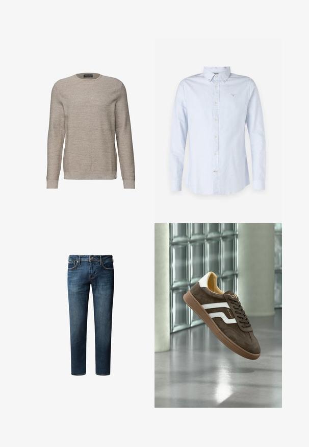 Beiger Pullover mit Rundhalsausschnitt aus strukturiertem Stoff. Lange Ärmel, gerippte Bündchen und Saum, mit dezenten horizontalen Mustern.; Himmelblaues Langarmhemd mit Button-down-Kragen, strukturiertem Stoff, vorderem Knopfverschluss und kleinem gestickten Logo auf der Brust.; Dunkelblaue Denim-Jeans mit geradem Bein, die über fünf Taschen, einen Knopfverschluss und dezente Verfärbungen im Stoff verfügen.; Brauner Wildleder-Sneaker mit weißen Seitenstreifen und einer Gummisohle, gezeigt schwebend in Innenräumen auf einem polierten Betonboden nahe Glasziegeln.
