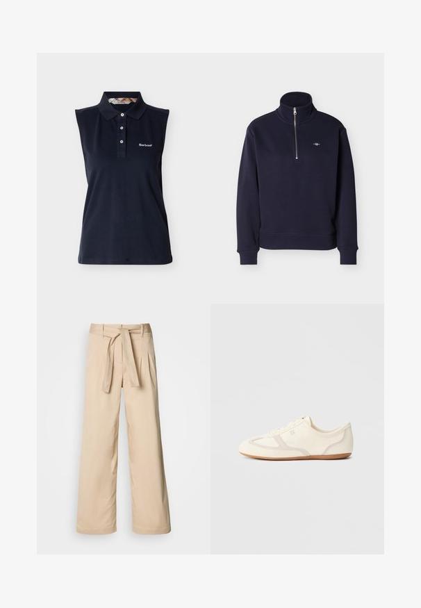 Sweat-shirt bleu marine à manches longues avec un col montant et une demi-fermeture éclair à l'avant, avec un petit logo brodé sur le côté gauche de la poitrine.; Polo sans manches bleu marine avec trois boutons, col plié et logo Barbour sur la poitrine gauche, sur fond blanc.; Pantalons larges beiges avec une taille haute ceinturée, présentant des plis à l'avant et une texture lisse. Pas de poches ni de motifs visibles.; Baskets couleur crème avec une tige en daim et tissu, un bout arrondi, et une semelle en caoutchouc avec un détail accent beige. Fermeture à lacets.