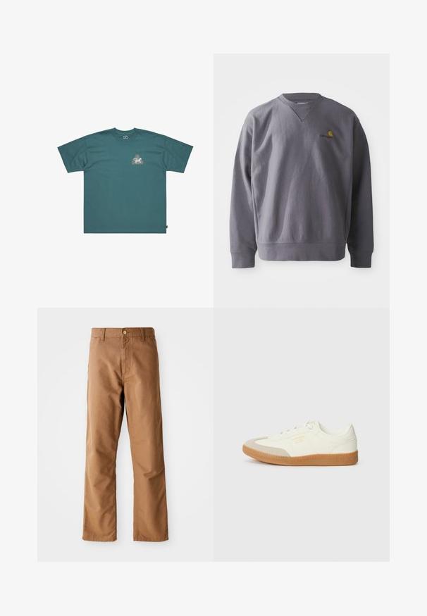 Grå sweatshirt med rund halsudskæring, ribbede manchetter og kant. Har et broderet gult og rødt logo på brystet. Fremstillet af blødt stof.; Teal bomulds T-shirt med korte ærmer og løs pasform. Har en trekantet grafik med farverigt design og mærkenavn på brystet.; Brune lige ben bukser med bæltestropper, forlommer, knaplukning og lynlåsgylp på hvid baggrund.; Sneaker lavet af hvid læder med en beige tåhætte og let brunt gummisål. Har flade hvide snørebånd og prægede branding på siden.