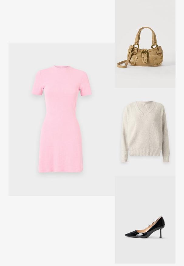 Lys grå strikket sweater med V-hals, ribbet tekstur og lyserøde detaljer ved neckline og ærmer. Velegnet til hverdagstøj.; Kortærmet kjole i lyserød, lavet af blød strikket stof. Har en lige silhuet og en rund halsudskæring.; Sorte lakerede stiletto højhælede sko med spids tå og slank midt-høj stiletho hæl på hvid baggrund.; Beige læderhåndtaske med dobbelte håndtag, messing spænde og nitte detaljer samt en justerbar skulderrem mod en hvid baggrund.