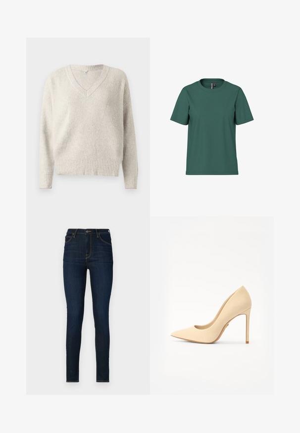 Suéter de punto gris claro con cuello en V, textura acanalada y detalles en rosa en el cuello y las muñecas. Adecuado para el uso informal.; Camiseta de manga corta en algodón verde oscuro con cuello redondo. Diseño simple y sin adornos con un corte relajado. Textura suave, sin patrones.; Jeans ajustados de mezclilla de color azul oscuro, con una cintura alta, bolsillos frontales y costuras de contraste. Textura suave, diseño ajustado.; Zapato de tacón alto beige hecho de cuero suave, con puntera puntiaguda y tacón de aguja. Diseño simple con una silueta elegante.