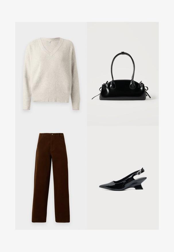 Pull en maille gris clair avec un décolleté en V, texture côtelée et accent rose au niveau du col et des poignets. Convient pour une tenue décontractée.; Pantalons droits en velours côtelé marron avec poches devant, passants de ceinture et fermeture à bouton sur fond blanc.; Chaussure slingback en cuir verni noir avec bout pointu et petit talon bloc incliné sur fond clair uni.; Petit sac à main noir brillant avec deux longues anses et des détails à cordon sur les côtés sur un fond clair uni.