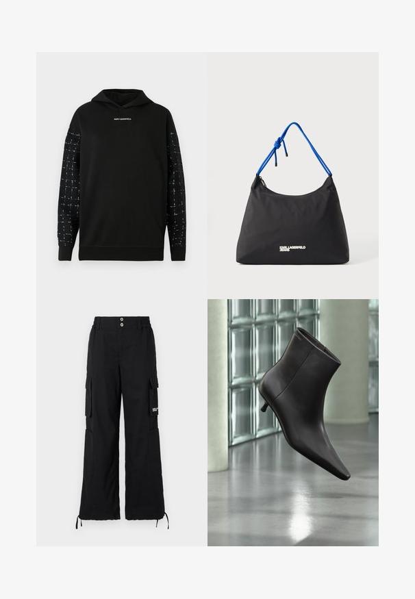 Sort hættetrøje med teksturerede sort-hvide ternede ærmer og "KARL LAGERFELD" logo centreret på brystet, ribkant ved kant og manchetter.; Sort cargobukser med en afslappet pasform, der har flere sidelommer, elastisk talje og justerbare snore ved kanten.; Sort læderankelstøvle med spids tå og lille hæl vist mod en væg af glasblokke og poleret gulv baggrund.; Sort nylon taske med afrundet form, blå snøre-håndtag og sølv logo detaljer. Glat tekstur og lynlås lukning.