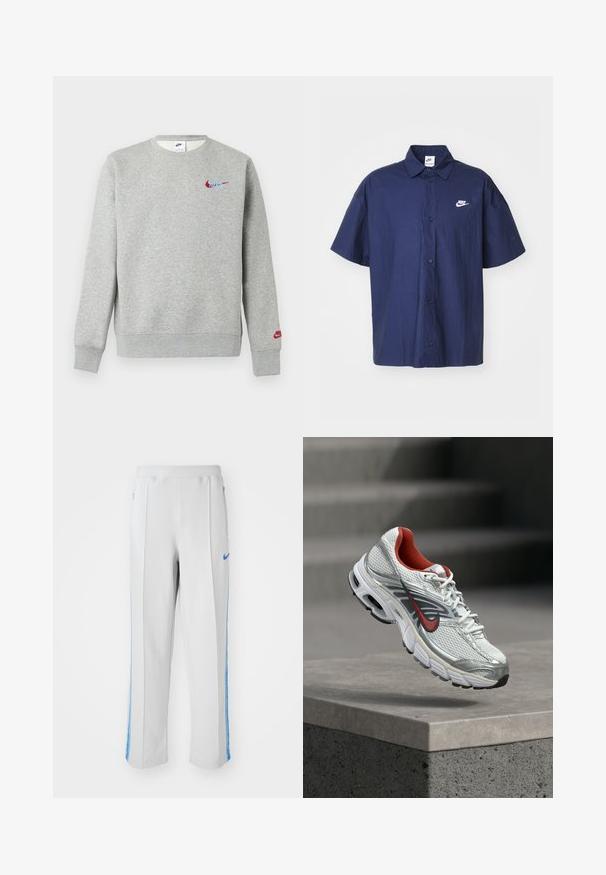 Helehall hall crewneck-tüüpi dressipluus väikeste punaste ja siniste Nike logodega rinnal ja vasakul varrukal, soonikkoes käiste ja alläärega.; Tumesinine lühikeste varrukatega nööpidega särk, millel on kortsus tekstuur ja valge Nike logo vasakul rinnal. Omab standardset kraed ja musti nööpe.; Heledad hallhallikupüksid helesiniste külgriidega, millel on lõdva istuvus, elastne vöökoht ja lukuga taskud. Esiküljel Nike'i logo.; Valge ja hõbedane Nike jooksujalats, millel on punased aksendid, hõljub betoonserva kohal, näidates selle külje ja talla detaile.