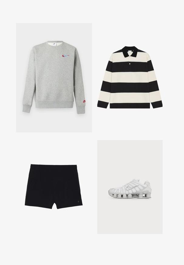 Lysegrå crewneck sweatshirt med små røde og blå Nike-logoer på brystet og venstre ærme, med ribbet manchetter og kant.; Sort og cremet stribet langærmet polo med krave, der har en tre-knaps stolpelukning og et lille accentdetalje nær kraven.; Sorte sportsshorts med en glat tekstur, elastisk talje og to sidelommer. Har et lille logo nederst til højre.; Hvid atletiksko med en unik fjedrende sål og et sølvfarvet Nike Swoosh-logo på siden, vist fra den ydre side.