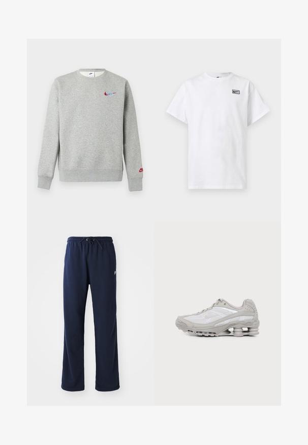 Vaaleanharmaa pyöreäkauluksinen collegepaita, jossa pienet punaiset ja siniset Nike-logot rinnassa ja vasemmassa hihassa, resorit hihansuissa ja helmassa.; Valkoinen lyhythihainen pyöreäkauluksinen t-paita, jossa vasemmassa rinnassa pienessä suorakulmiossa musta Nike swoosh -logo.; Tummansinisiä collegehousuja, jotka on valmistettu pehmeästä kankaasta. Varustettu joustavalla vyötärökkäyllä, jossa on kiristysnauha, sivutaskuilla ja minimalistisella logodetaljilla.; Harmaa ja valkoinen urheilujalkaine, jossa verkkopaneelit, nauhallinen malli ja ainutlaatuinen jousimainen pohja vaimennukseen ja tukeen.