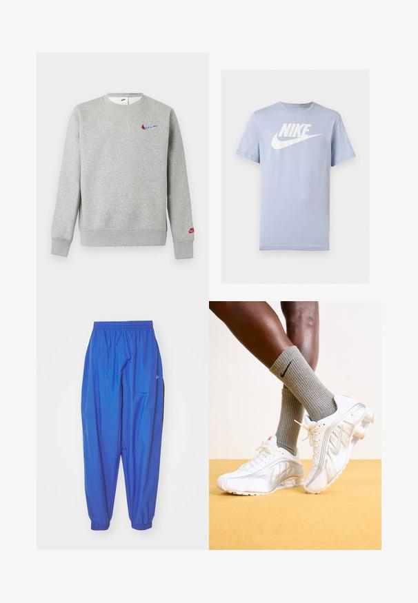 Lichtgrijze crewneck-trui met kleine rode en blauwe Nike-logo's op de borst en linker mouw, met geribbelde boorden en zoom.; Lichtblauw katoenen T-shirt met korte mouwen en een wit Nike-logo en swoosh op de borst, weergegeven op een effen achtergrond.; Blauwe sportbroek van lichtgewicht stof, met een elastische tailleband, manchetachtige hemden en witte zijstrepen.; Nike sneakers in het wit met zilveren accenten, met textuurpanelen en perforaties. Gecombineerd met grijze geribde sokken, tegen een gele achtergrond.