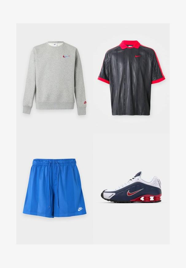Lichtgrijze crewneck-trui met kleine rode en blauwe Nike-logo's op de borst en linker mouw, met geribbelde boorden en zoom.; Zwarte polo met korte mouwen, rode kraag en manchetten, subtiele verticale strepen met "Nike" tekst en rode Nike swoosh logo op de borst.; Blauwe sportshorts met elastische tailleband en trekkoord, met een wit Nike-logo op het onderste linkerbeen.; Witte en marineblauwe sportshoe met rode accenten, gaaspanelen, een gevoerde kraag en een onderscheidend zoolontwerp met zichtbare dempingsunits.