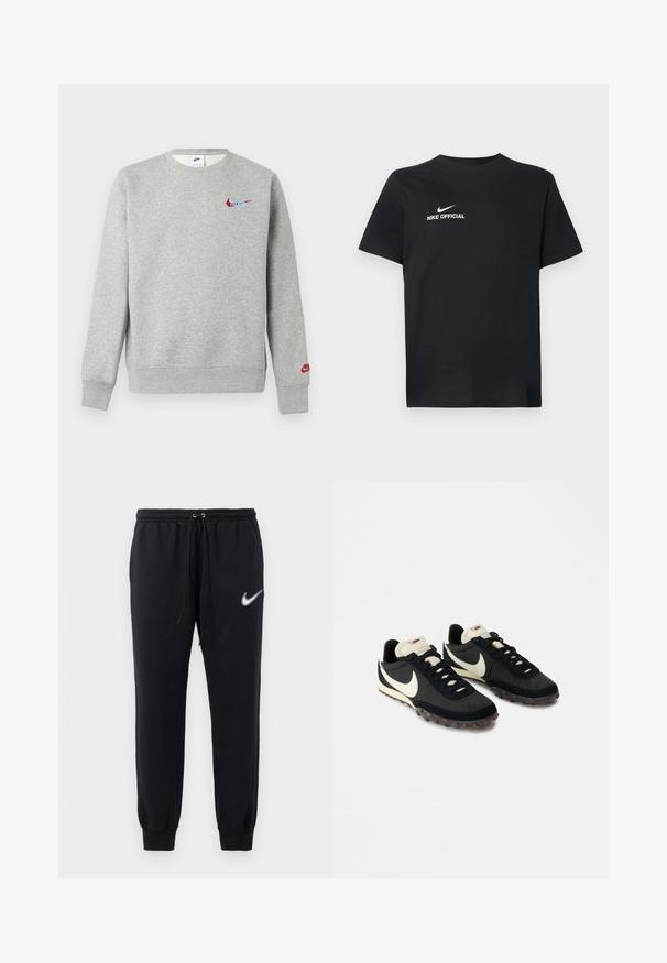 Hellgrauer Sweatshirt mit Rundhalsausschnitt, kleinen roten und blauen Nike-Logos auf der Brust und am linken Ärmel, mit gerippten Bündchen und Saum.; Schwarzes Baumwoll-T-Shirt mit rundem Halsausschnitt. Vorderseite mit weißem Nike-Logo und dem Schriftzug "NIKE OFFICIAL". Kurze Ärmel.; Schwarze Nike-Jogginghose mit elastischem Bund und Kordelzug. Sie hat schmal zulaufende Beine und ein weißes gesticktes Logo am linken Oberschenkel.; Schwarze Sportschuhe mit einer strukturierten Oberseite, weißem Swoosh-Logo und einer Gummisohle, die mit kleinen Noppen für besseren Halt ausgestattet ist. Beigefarbener Kragen.