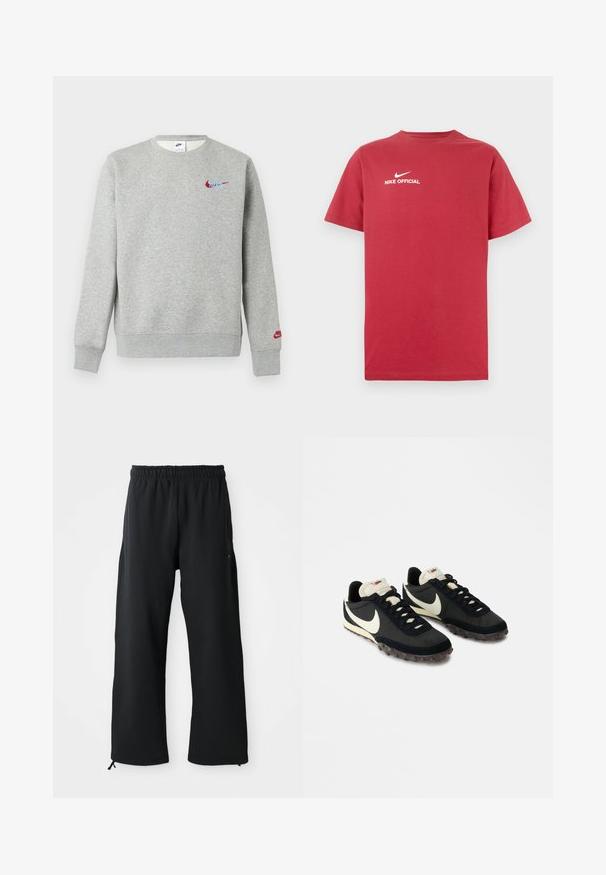Lysegrå crewneck sweatshirt med små røde og blå Nike-logoer på brystet og venstre ærme, med ribbet manchetter og kant.; Rød bomulds t-shirt med rund hals, der har en hvid Nike-logo og teksten "NIKE OFFICIAL" centreret på brystet. Korte ærmer.; Sorte bukser med brede ben lavet af blødt stof, med elastisk talje og snøre, sidelommer og en glat overflade.; Sorte sportssko med en struktureret overdel, hvid swoosh-logo og gummisål med små stik til trækkraft. Elfenbensfarvet krave.