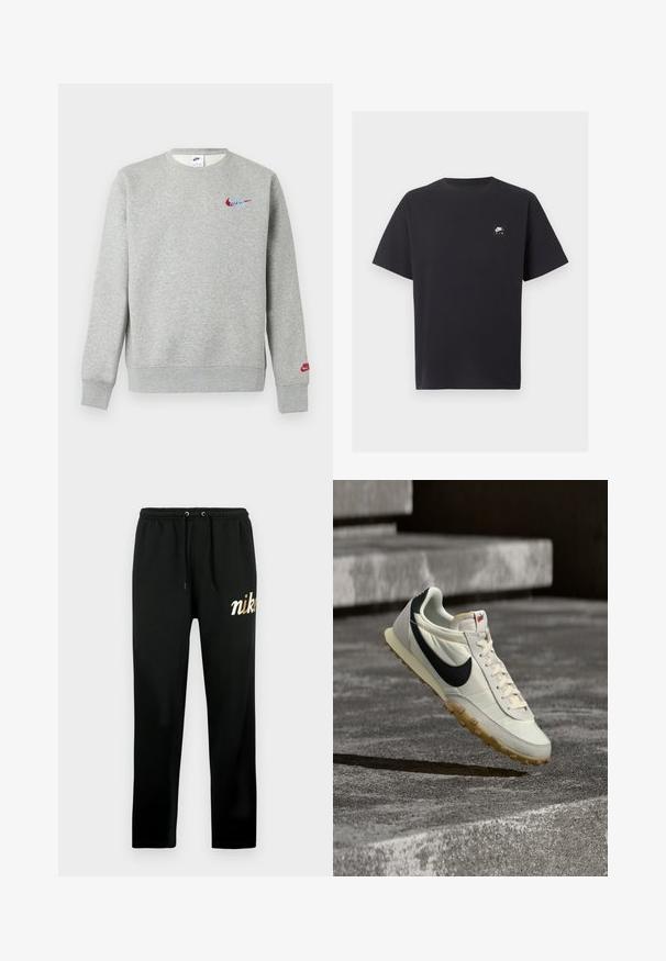 Lysegrå crewneck sweatshirt med små røde og blå Nike-logoer på brystet og venstre ærme, med ribbet manchetter og kant.; Sort Nike Air T-shirt med korte ærmer, rund halsudskæring og lille hvidt logo på venstre bryst.; Sorte joggingbukser lavet af blødt stof, med elastisk talje med snore, tilspidsede ben og et gyldent broderet "nike"-logo.; Hvid og sort Nike-sneaker med gummisål hængende over betontrapper, oplyst af naturligt sollys.