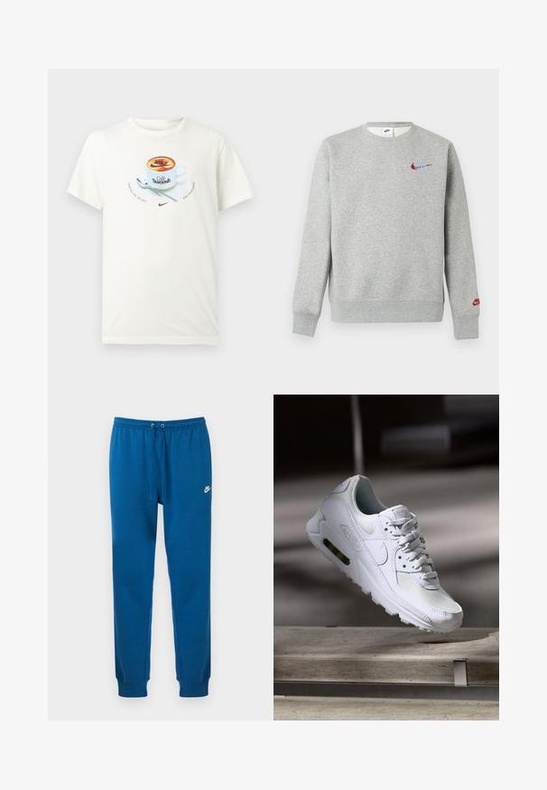 Svetlo siva majica z okroglim izrezom, z majhnimi rdečimi in modrimi Nike logotipi na prsih in levem rokavu, z rebrastimi robovi na manšetah in spodnjem delu.; Bela majica s potiskom kave s skodelico kave z napisom "Café Swoosh," žličko na podstavku in logotipi Nike z besedilom "Crafted for the sole" in "Nike sportswear."; Modre bombažne trenirke z elastičnim pasom, vezalko in belim logotipom Nike na levi boki. Oblečeni manšeti na gležnjih.; Bela Nike Air Max 90 športna obutev z mrežastim in usnjenim zgornjim delom, perforiranim prstnim delom in vidno zračno enoto v peti.