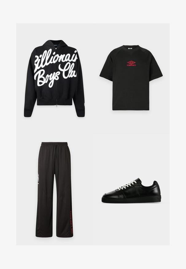 Svart hettegenser med glidelås og stor hvit skrift "Billionaire Boys Club" foran og festet hette.; Svart kortermet t-skjorte med rund hals og rødt Umbro-logo sentrert på brystet mot en enkel hvit bakgrunn.; Sorte treningsbukser med snor i midjen, sidelommer og rødt tekstakssent på venstre ben. Glatt, lett stoff, løs passform.; Svart lavt lær-sneaker med hvite skolisser, flat svart såle og subtile sømdetaljer, vist i sideprofil på grå bakgrunn.