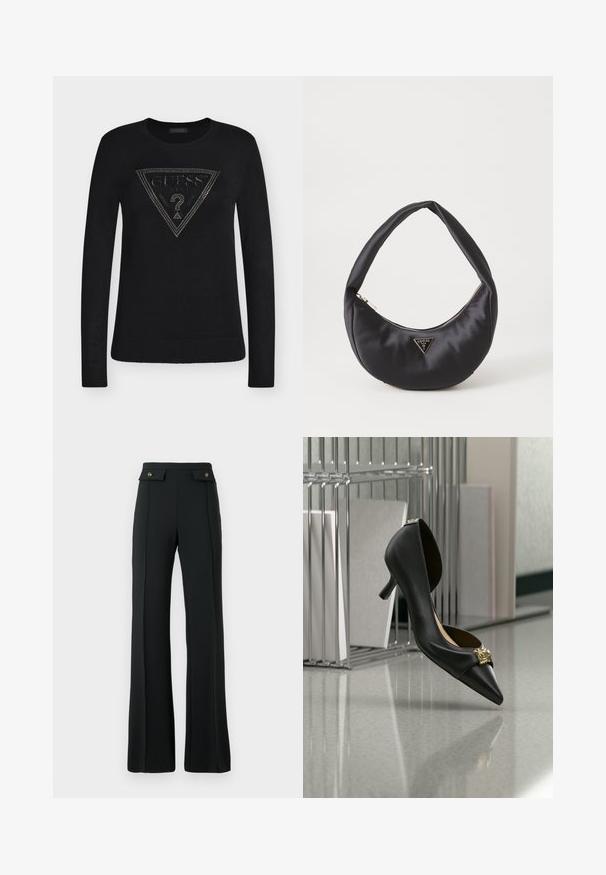Sort langærmet sweater med ribstrikkede manchetter og kant, med et nittet trekantet Guess USA-logo med et spørgsmålstegn i midten.; Højtaljede sorte flared bukser med detaljerede sømme foran og to klaplommer med guldknapper ved taljen.; Sort kitten heel-sko med spids tå og guldemblem på tåen, vist midt i luften mod en reflekterende overflade og metalreol som baggrund.; Sort satin håndtaske med en buet form, der har en lynlåslukning og et trekantet logo i metal på forsiden. Glat tekstur og slankt design.