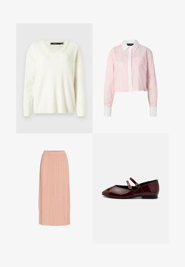 Pull blanc à col en V avec des poignets et un ourlet côtelés. Texture douce, coupe ample et fentes sur les côtés. Étiquette visible au niveau du col.; Chemise courte rose clair avec col et poignets blancs, fines rayures verticales subtiles et petite poche poitrine.; Jupe midi plissée rose clair avec ceinture élastique, silhouette droite et fines plis verticaux sur fond blanc.; Anna Field Babies - dark red