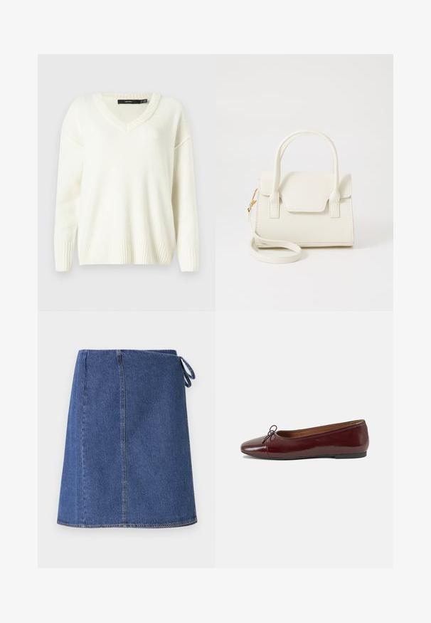 Hvid sweater med V-hals og ribbede manchetter og kant. Blød tekstur, løs pasform og sideslids. Etiketten er synlig ved halsen.; Denim indpakningsskørt i mørkeblå. Har en lige snit, synlige syninger og et sideløkke til justering. Glat tekstur og standard kant.; Bordeaux patentlæder balletflad med rund tå, lille sløjfeaccent foran og en lav, sort gummisål. Glat tekstur.; Lille hvid håndtaske med dobbelte håndtag, frontklap og aftagelig skulderrem med guldlås på hvid baggrund.