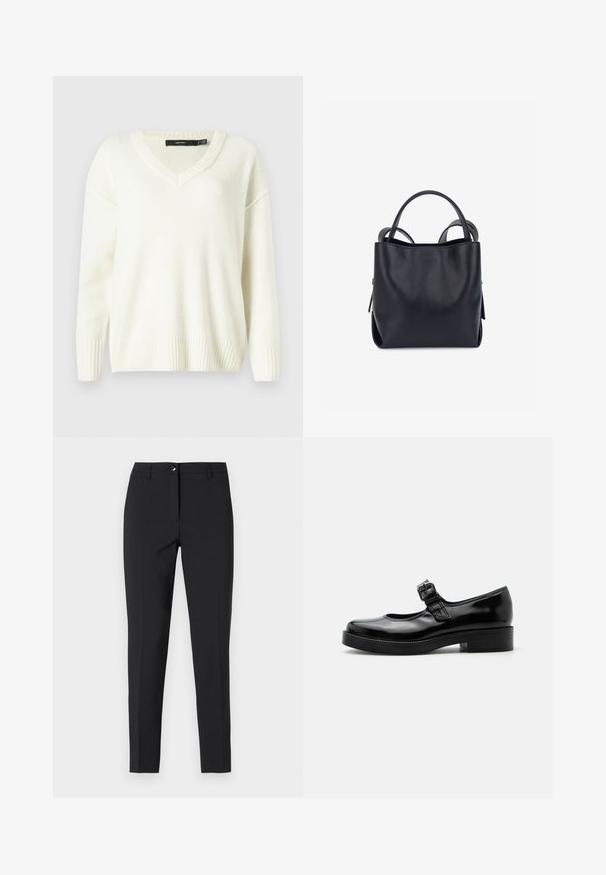 Pull blanc à col en V avec des poignets et un ourlet côtelés. Texture douce, coupe ample et fentes sur les côtés. Étiquette visible au niveau du col.; Pantalons noirs ajustés en tissu lisse, avec une taille classique, une fermeture éclair sur le devant et des poches latérales au design élégant et sur mesure.; Chaussure Mary Jane en cuir verni noir avec bout rond, petit talon bloc et bride réglable avec boucle sur le coup de pied.; Sac à main en cuir noir à la texture lisse, forme structurée, doubles poignées supérieures et design minimaliste. Présente des accents latéraux subtils.