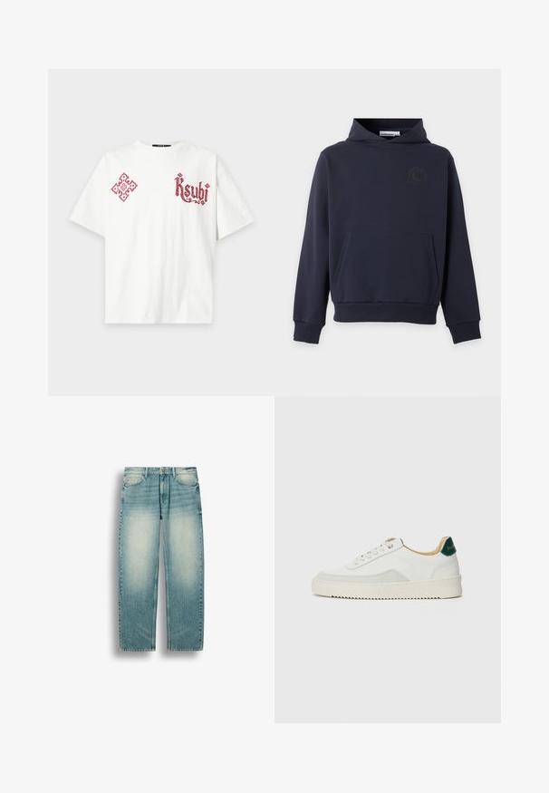 Sweat à capuche bleu marine avec poche kangourou à l'avant et logo discret sur la poitrine gauche, sur un fond clair uni.; T-shirt blanc à manches courtes avec un graphisme orné rouge sur la poitrine gauche et un texte décoratif rouge "Ksubi" sur la poitrine droite.; Jean droit en denim bleu clair avec des zones délavées sur les cuisses, poches avant, passants de ceinture et fermeture par bouton à la taille.; Baskets blanches avec des accents en daim, bout arrondi, lacets plats et semelle en caoutchouc crème. Présente une marque verte sur le talon.