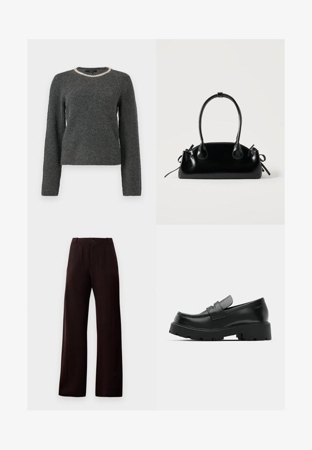Mørkegrå ribbet sweater med lange ærmer og rund halsudskæring prydet med en sølvfarvet kædeaccent.; Mørkebrune vide benbukser med lynlås, knaplukning og bæltestropper, vist på en ensfarvet baggrund.; Sorte læder loafers med en chunky tekstureret sål, der har en rem over vamps og en glat, poleret finish.; Lille sort blank håndtaske med to lange håndtag og snøre-detaljer i siden på en ensfarvet lys baggrund.