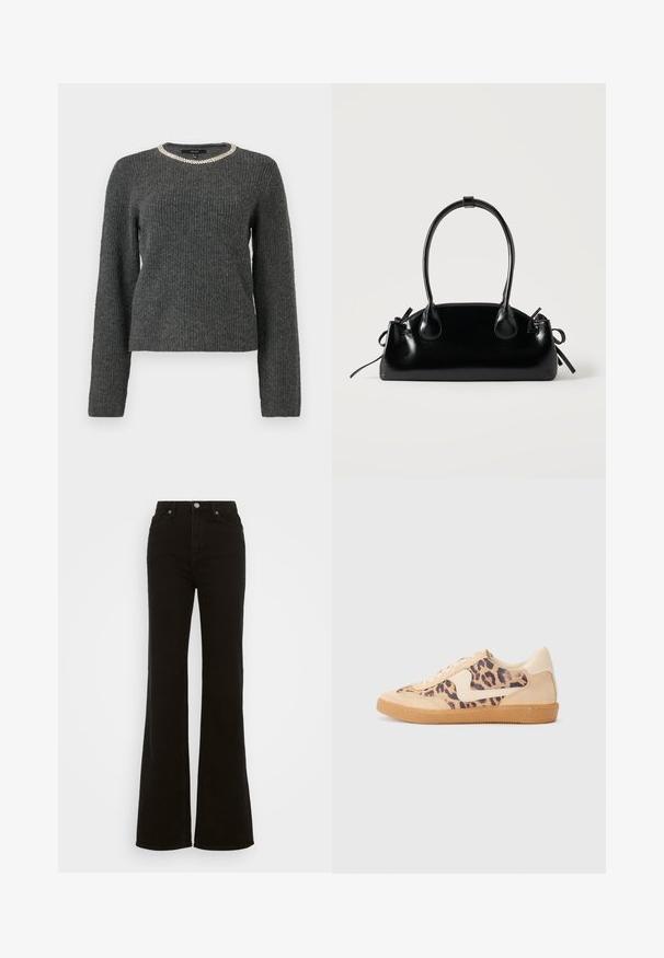 Dunkelgrauer gerippter Pullover mit langen Ärmeln und Rundhalsausschnitt, verziert mit silbernen Kettendetails.; Hoch taillierte schwarze Schlagjeans aus Denim, mit Knopfverschluss, seitlichen Taschen und glatter Textur.; Löwenmuster-Sneaker mit beige Wildleder-Obermaterial, tanfarbener Gummisohle und weißen Akzenten. Runde Zehenform und Schnürdesign mit strukturiertem Finish.; Kleine schwarze glänzende Handtasche mit zwei langen Griffen und seitlichen Kordelzug-Details vor einfachem hellem Hintergrund.