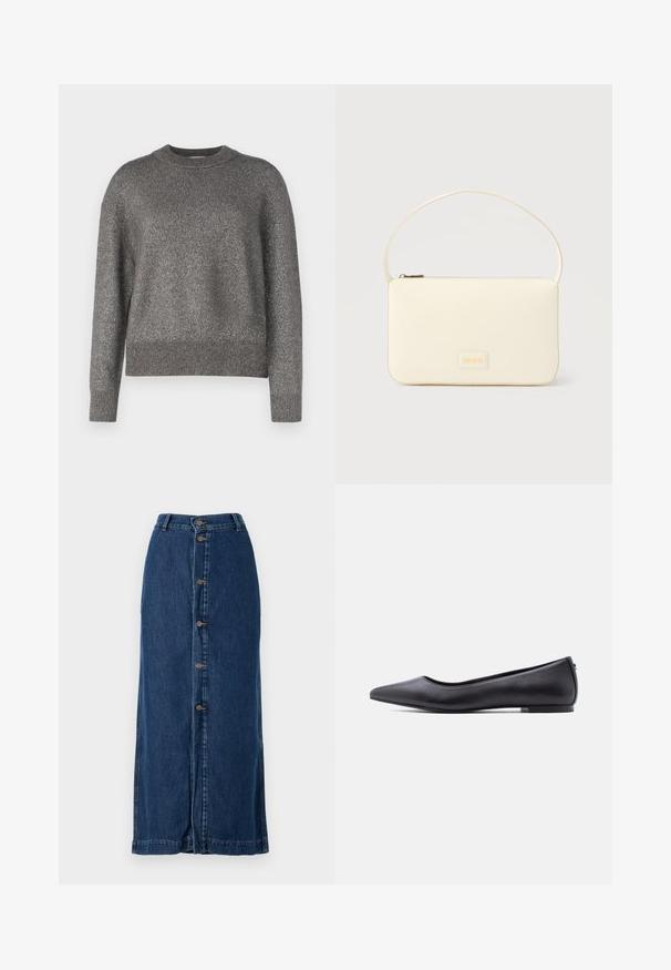 Grå sweater med en refleksiv strikket tekstur, rund halsudskæring, og ribbede manchetter og kant; let løs pasform og lange ærmer.; Mørkeblå denim-maxiskørt med knaplukning foran og sideslids, med en lige silhuet og syet kant.; Sort flad lædersko med spidst tåparti og lav hæl, vist i sideprofil mod en hvid baggrund.; Kremfarvet rektangulær håndtaske med en enkelt rem og lynlås øverst, med en lille præget logo-plakette foran.