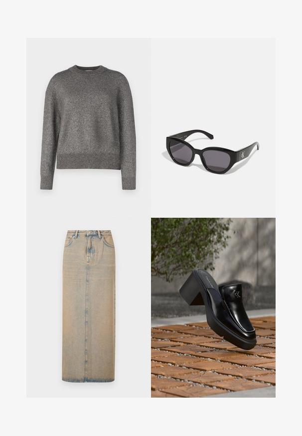 Pull gris avec une texture tricotée réfléchissante, col rond, et poignets et ourlet côtelés ; coupe légèrement ample et manches longues.; Une longue jupe en denim bleu clair avec une coupe droite. Comprend cinq poches, des passants de ceinture et un multiplicateur de boutons à l'avant. Texture décolorée sur toute la surface.; Mule slip-on en cuir noir Calvin Klein avec talon bloc reposant sur des carreaux en bois à l'extérieur près d'une plante verte et d'un mur gris.; Lunettes de soleil noires au design lisse et angulaire, avec des verres foncés et un logo en argent contrastant sur le côté. Texture en plastique lisse.