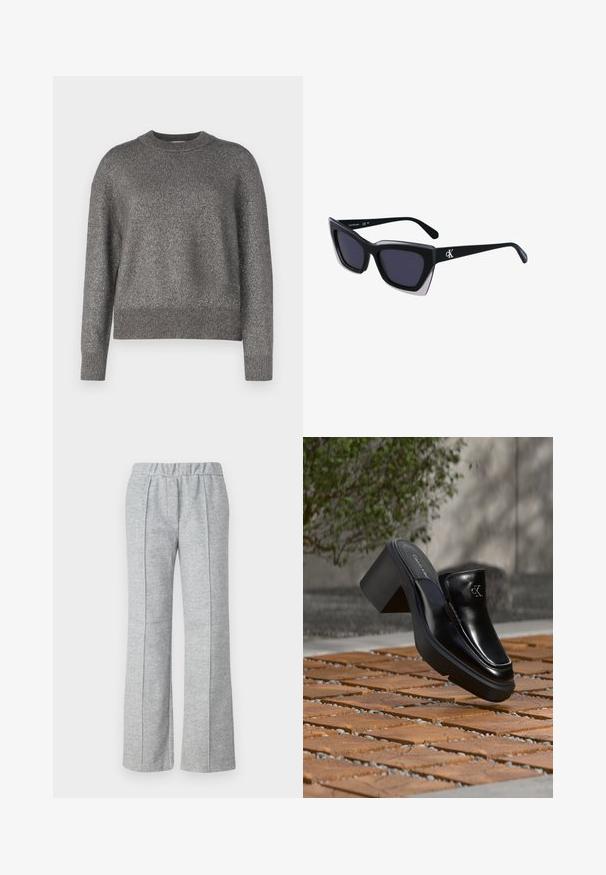 Pull gris avec une texture tricotée réfléchissante, col rond, et poignets et ourlet côtelés ; coupe légèrement ample et manches longues.; Pantalons gris à jambes larges en tissu texturé ; dotés d'une taille élastique et de détails plissés à l'avant. Design épuré et minimal.; Mule slip-on en cuir noir Calvin Klein avec talon bloc reposant sur des carreaux en bois à l'extérieur près d'une plante verte et d'un mur gris.; Lunettes de soleil noires surdimensionnées avec une forme géométrique, dotées de verres foncés et d'un détail gris contrastant sur la monture. Logo sur la branche.