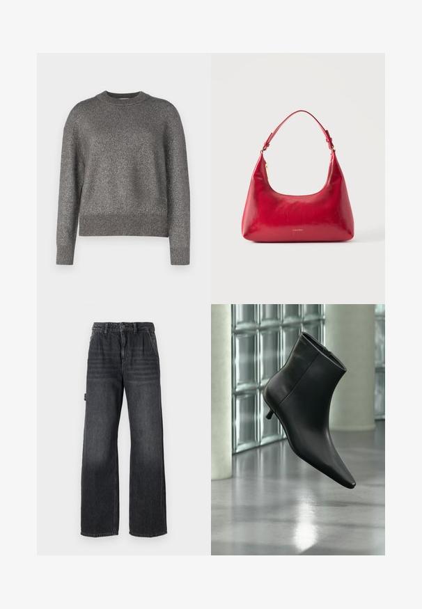 Grå sweater med en refleksiv strikket tekstur, rund halsudskæring, og ribbede manchetter og kant; let løs pasform og lange ærmer.; Bredde bukser i mørkegrå denim med høj talje, forlommer og diskret slidmærker på lårene. Kontrastsyning.; Sort læderankelstøvle med spids tå og lav kitten-hæ, vist vinklet mod en poleret gulv- og glasblokvæg.; Rød læder skuldertaske med guld lynlås og justerbar rem, Calvin Klein-logo centreret foran.