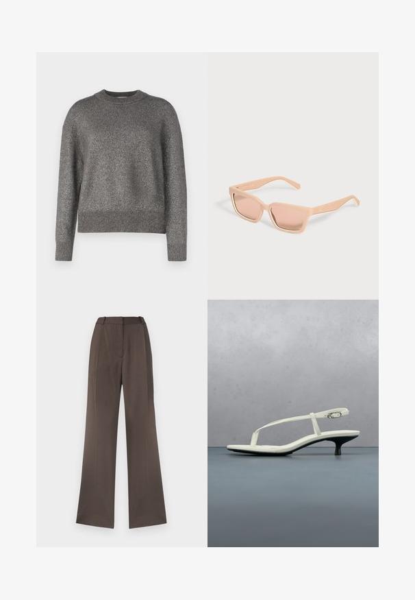 Grauer Pullover mit reflektierender Strickstruktur, Rundhalsausschnitt und gerippten Bündchen sowie Saum; leicht lockere Passform und lange Ärmel.; Weite Hosen aus festem braunem Stoff mit glatter Textur, Gürtelschlaufen, vorderer Bügelfalte und ohne sichtbare Taschen.; Weiße Riemchenpantolette mit kitten heel und spitz zulaufender Zehenpartie, schwebt über einem Holzkachelboden im Freien mit verschwommenem Pflanzen- und Wandhintergrund.; Rechteckige Sonnenbrille in Hellpfirsich mit dicken Rahmen und passenden getönten Gläsern vor hellem, einfarbigem Hintergrund.