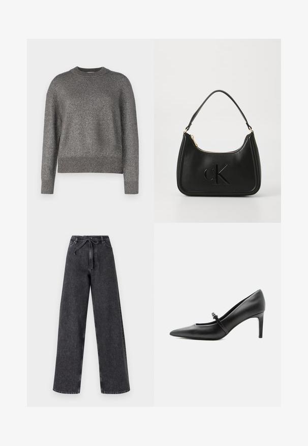 Grå sweater med en refleksiv strikket tekstur, rund halsudskæring, og ribbede manchetter og kant; let løs pasform og lange ærmer.; Højtaljede, brede ben sorte denim jeans med snørelukning. Har en falmet tekstur og subtile syninger.; Sort læderspids højhælede sko med tynd rem og spænde over vristen, stående på en neutral lys baggrund.; Sort læder håndtaske med en buet form, der har en guldfarvet lynlås og et subtilt præget "cK" logo. Glat tekstur og et enkelt håndtag.