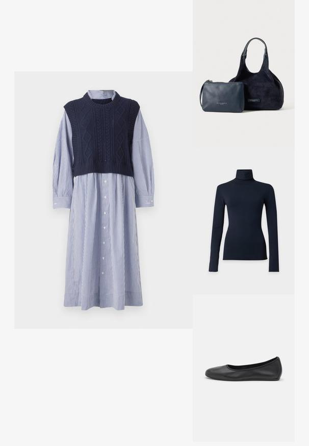 Donkerblauwe coltrui met lange mouwen en een aansluitende pasvorm, afgebeeld op een effen lichtgrijze achtergrond.; Marineblauwe kabelbrei-vest gelaagd over een blauw-wit gestreepte blousejurk. Beschikt over lange mouwen en een licht uitlopende zoom.; Zwarte leren ballerina met een ronde neus, gladde textuur, minimale stikdetails en een flexibele zoolontwerp.; Marineblauwe suède handtas met enkele handgreep naast een kleinere leren ritsportemonnee, beide met label Gianni Chiarini Firenze.