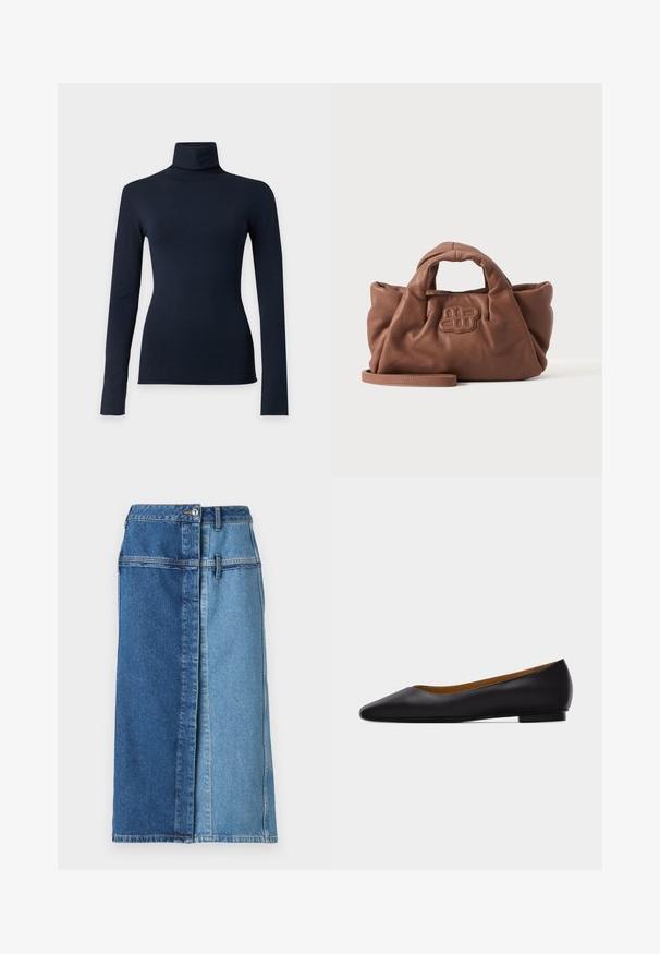 Marineblaues langärmliges Rollkragenoberteil mit figurbetonter Silhouette, gezeigt auf einem einfarbigen hellgrauen Hintergrund.; Jeansrock mit einem Color-Block-Design, das auf einer Seite dunkelblau und auf der anderen Seite hellblau ist, mit einem Knopfverschluss und Taschen.; Schwarzer flacher Schuh aus Leder mit spitz zulaufender Vorderkappe, niedrigem Absatz und glatter Oberfläche, von der Seite vor einem hellgrauen Hintergrund dargestellt.; Weiche braune Lederhandtasche mit kurzen Griffen, einem vorne aufgenähten Logo und einem abnehmbaren langen Riemen auf schlichtem hellem Hintergrund.